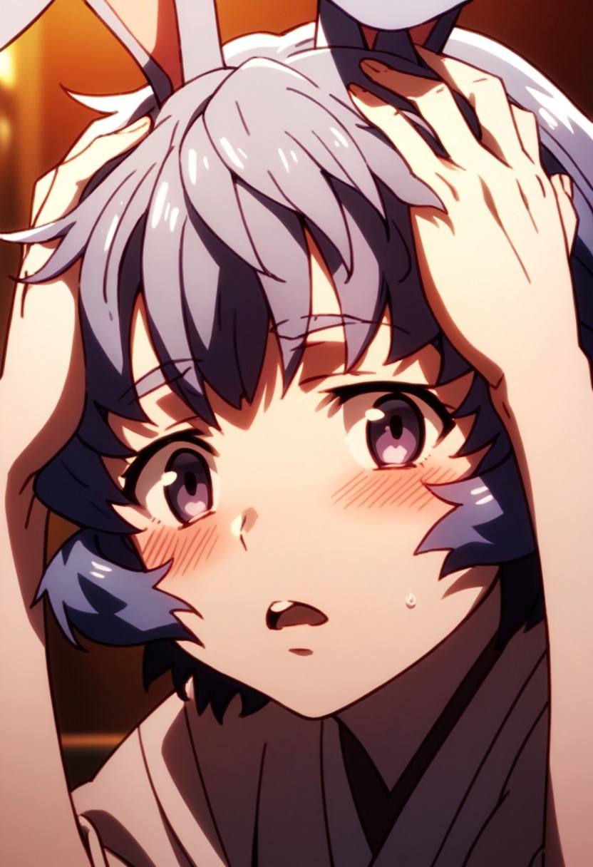 score_9,score_8_up,score_7_up,source_anime,iyo (big order),1girl,solo,looking at viewer,blush,open mouth,animal ears,rabbit ears,hands on own head,