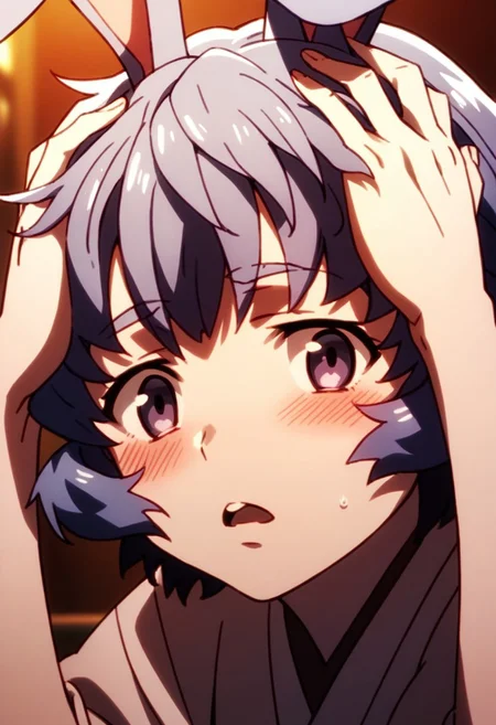 score_9,score_8_up,score_7_up,source_anime,iyo (big order),1girl,solo,looking at viewer,blush,open mouth,animal ears,rabbit ears,hands on own head,