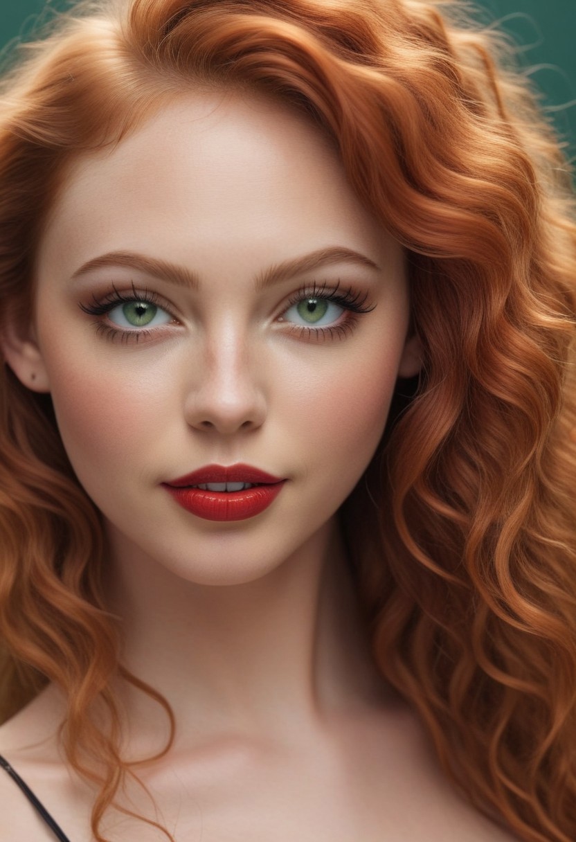 (flawless), score_9, score_8_up, 1woman,dynamic pose, hyper-realistic ((half-face close-up)) of a beautiful woman's eye, focus on eye,((overall round face structure)), ((intense, ultra-realistic beautiful pale green eye)), ((hair strands falling over one eye)), delicate features of her face are framed by long, curly red hair, seductive look, sexy smile, slightly tousled, real skin, dramatic side lighting, intricate shadows across her face, red lips, moody, piercing gaze, hauntingly beautiful, cinematic moment, (masterpiece:1.2),(Amazing quality), 8K, (high detail:1.4), (highres:1.4), (ultra detailed:1.4), embedding:detailxl, (phenomenal aesthetic),