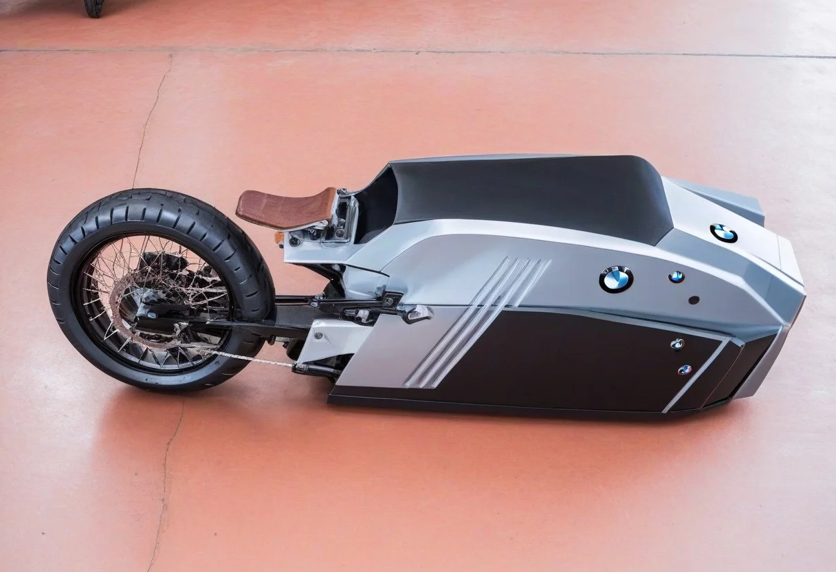 from above, from side, ground vehicle, ((radical:1.5)), BMW, Motorcycle,