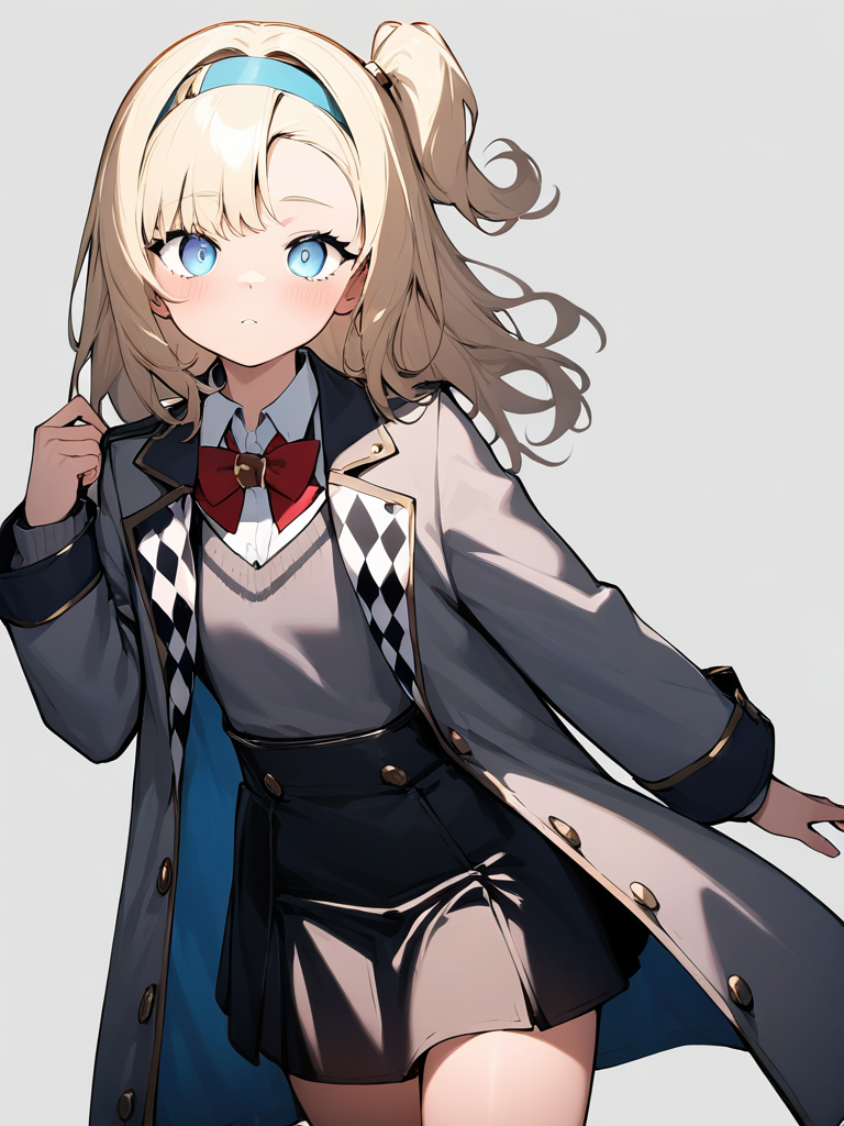 1girl,black skirt,grey sweater,matilda\(reverse\),red bow,red bowtie,school uniform,,looking at viewer,blue eyes,jacket,coat,<lora:madilda-000006>, masterpiece, best quality, very aesthetic, absurdres