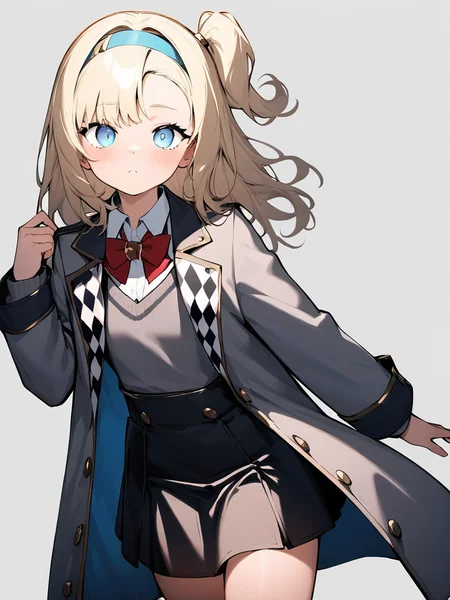 1girl,black skirt,grey sweater,matilda\(reverse\),red bow,red bowtie,school uniform,,looking at viewer,blue eyes,jacket,coat,<lora:madilda-000006>, masterpiece, best quality, very aesthetic, absurdres