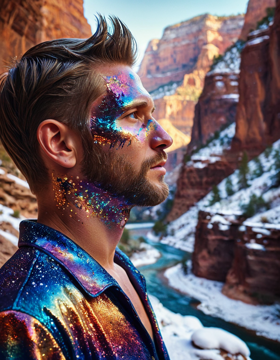 Painting, profile of a Expressive Weird ral-iricnt, inside a Grand Canyon, Snowy, Bokeh, Masterpiece, Kodachrome, Acid colors dust particles, Flickr, (symbolism art stylized by Robert Kirkman:1.2) , emotional, <lora:ral-iricnt-sdxl:1>, enchanted, background inspired, intricate artistic color, dynamic cinematic perfect background, artistic, dynamic dramatic atmosphere, shiny