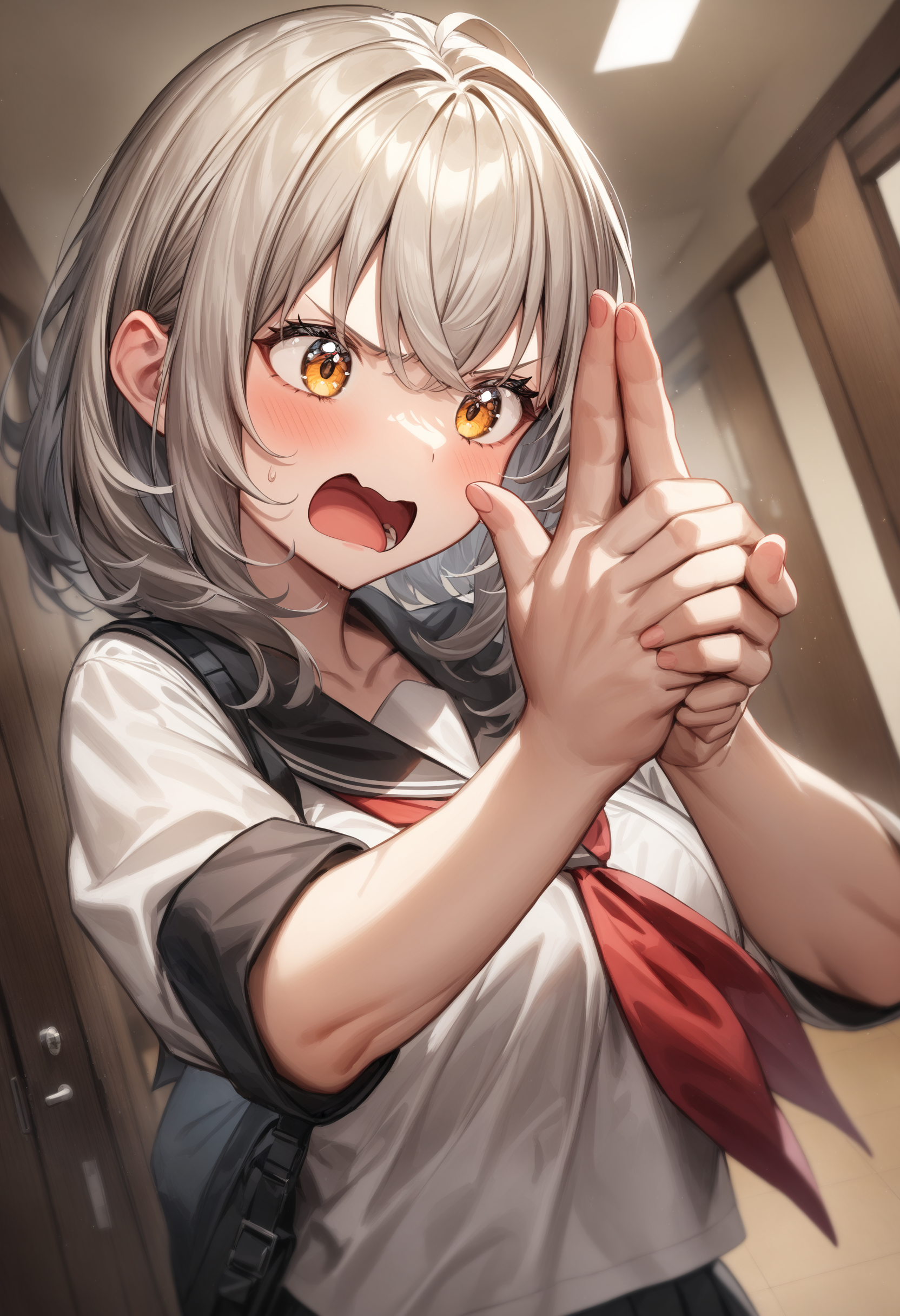1girl, <lora:sdxl2-flat2-512b:-1>,medium breasts,school uniform,
dual finger gun,<lora:dualfingergun_XL_v1:0.8>
dutch angle, portrait, looking down, angry, hotel corridor, open mouth,
masterpiece, best quality, very aesthetic, absurdres