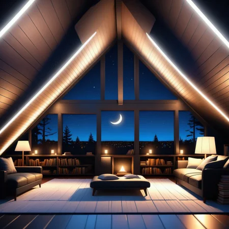 a Jed-Modern Attic , nightsky, masterpiece, full of details,ambient light, lamp lights, black bear rug, bookshelves, leather sofas, loft bed, photorealistic, sharp and in focus  <lora:ModernInteriorSDXL:0.7>