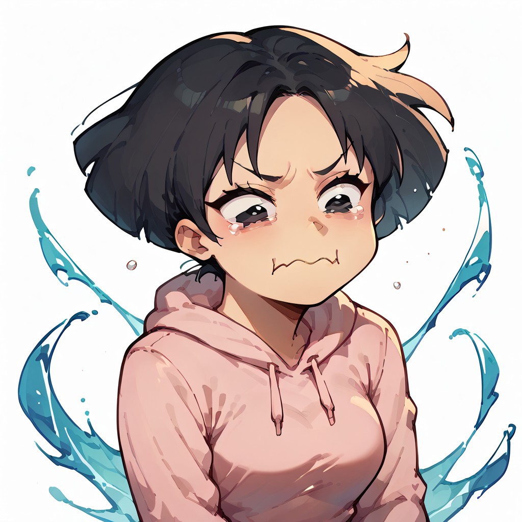score_9,score_8_up,score_7_up,score_6_up,score_5_up,score_4_up, white background, solo, 1girl, aquacrying, wavy mouth, closed mouth, tearing up, black hair, short hair, black eyes, nostra666, amy_wong, asian, amy wong-kroker, futurama, pink hoodie, water splash, flying ribbons, face focus,