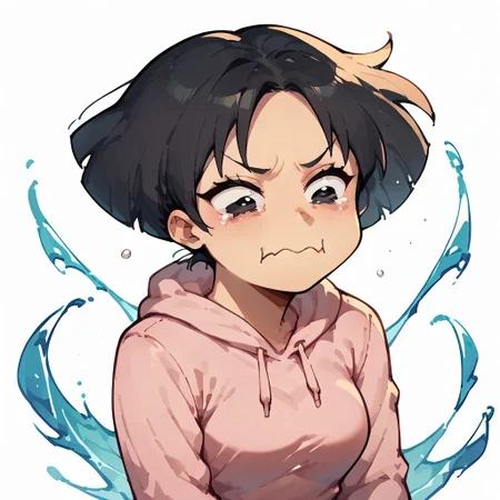score_9,score_8_up,score_7_up,score_6_up,score_5_up,score_4_up, white background, solo, 1girl, aquacrying, wavy mouth, closed mouth, tearing up, black hair, short hair, black eyes, nostra666, amy_wong, asian, amy wong-kroker, futurama, pink hoodie, water splash, flying ribbons, face focus,