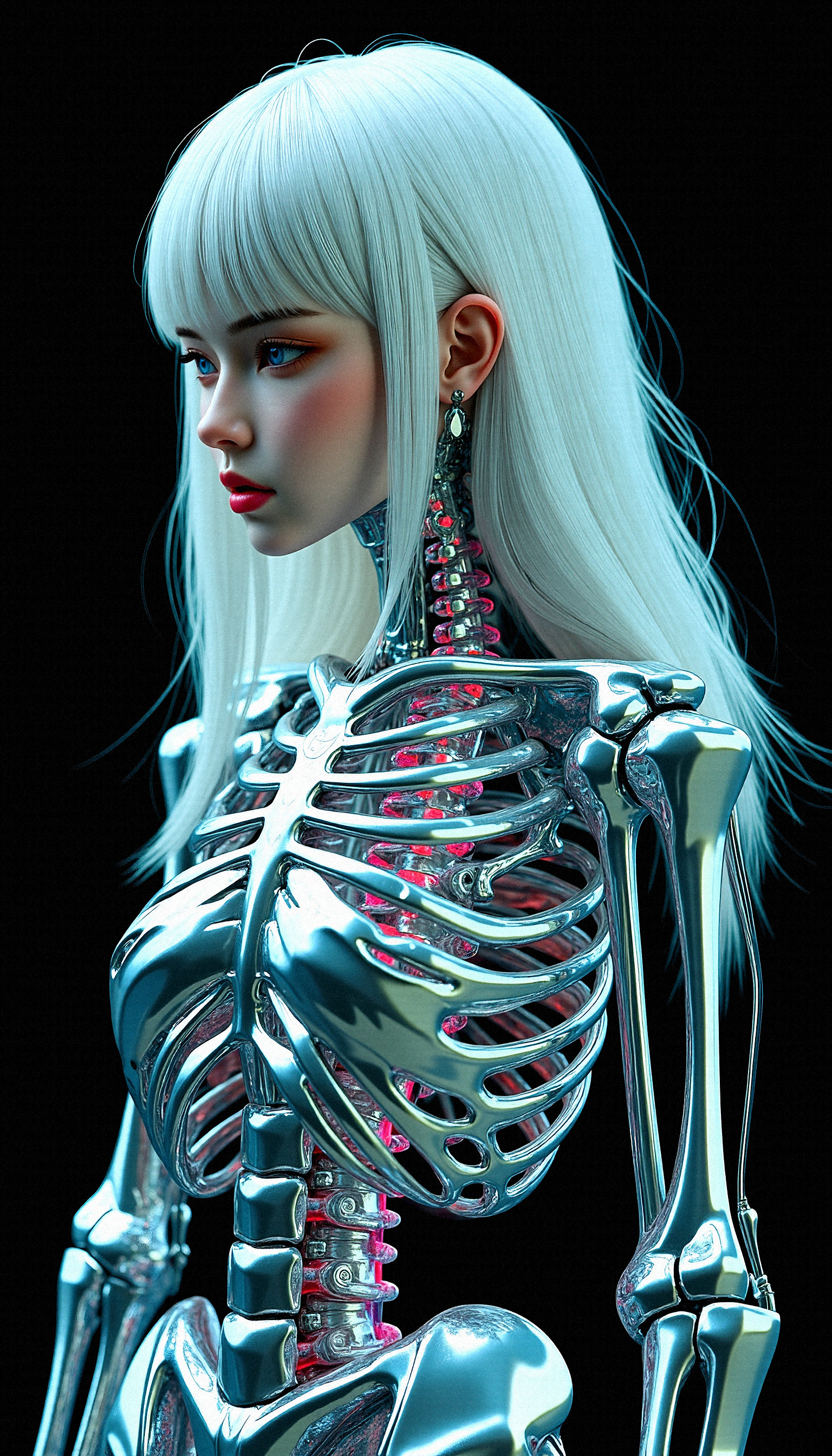 a photorealistic close-up of a futuristic female character with a pale, ethereal face that retains soft, human features and long, flowing hair with long bangs that glows faintly. The character’s body transitions into a glossy, metallic skeleton from the neck down, with ribs, spine, and limbs that resemble polished bone. These bones reflect iridescent colors—teal, pink, and violet—adding a chameleon-like quality. Her ribcage and skeletal arms look organic yet machine-like, connected with wires and joints that suggest advanced robotics. The black background emphasizes her glowing elements, casting soft, dramatic shadows that enhance her otherworldly aura. Maintain a high level of detail, focusing on the textures and reflective qualities of the metallic skeleton while capturing the ethereal softness of her face and hair.