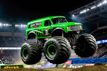 (The Grave Digger Monster Truck), black paintwork, green decals, Jumping high above cars, Arena show, huge crowds in the stands, competition, motion effects, arena show lighting, view from stands, UHD, painstaking attention to details