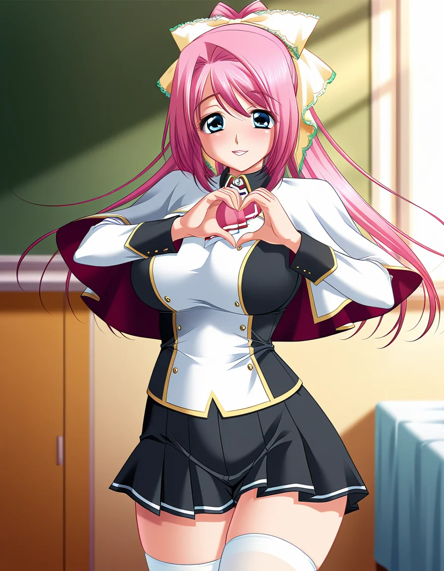 masterpiece, best quality, amazing quality, very aesthetic, high definition, official art, ultra detailed,
1girl, solo, r1dd1m, blue eyes, pink hair, long hair, ponytail BREAK school uniform, black skirt, white thighhighs,
blush, smile, parted lips, looking at viewer, standing, pinup, heart hands, room, cowboy shot, sharp focus, depth of field, highly detailed, detailed skin, volumetric lighting, soft shadows<lora:riddim(gakuen_3) v1.0-000019:1>