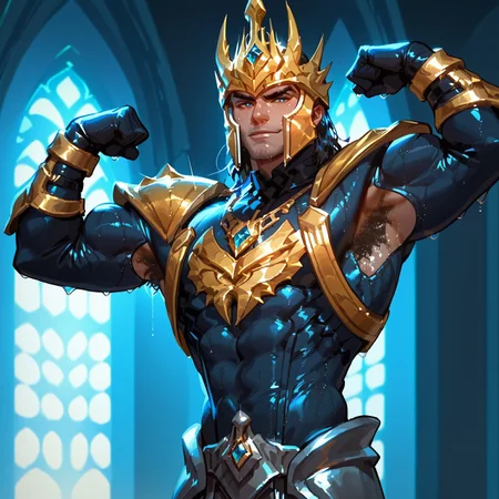 score_9, score_8_up, score_7_up, absurdres, intricate details, masterpiece, best quality, expressiveh, source_anime, screencap, high quality cg, 1boy, jarvan, helmet, armor, Black skinsuit, medium hair, solo, male focus, castle interior background, torso and above portrait, narrow waist, tiny waist, flexing biceps, dripping sweat, wet armpit hair, excessive pube hair, excessive chest hair, v-taper, look at viewer, smirk
shiny skin, shiny