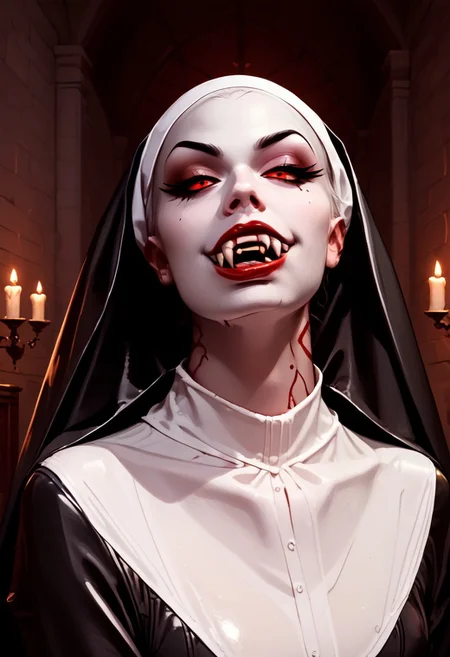 (score_9, score_8_up, score_7_up) vampire nun on girl, high quality, a female vampire nun wearing tight shiny black and white latex habit bites the neck of a girl wearing white, blood trickle, black dress,dress, skintight covering her upper body, split up the side to show off her toned legs, toned body, beautiful face, seductive smile, showing her two long vampire fangs, f4ng, small fangs, fangs, blood red lips, very pale white skin, (vampire_seductress, 2_vampire_fangs, red eyes), vmprbt, inside a church, dark, night, fangs, seductive pose, handfixer