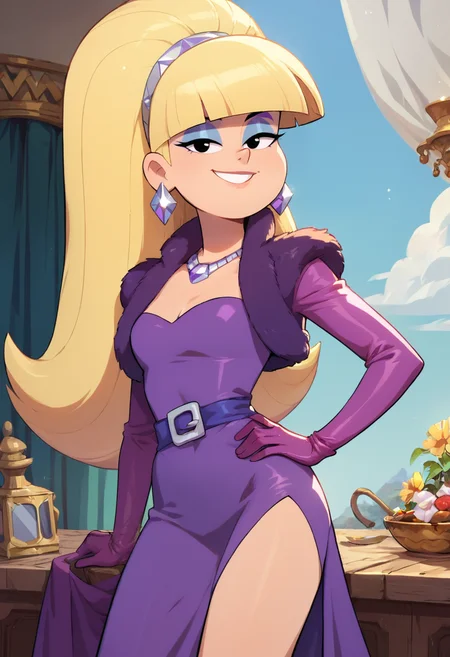 masterpiece,best quality, highly detailed, score_9, score_8_up, score_7_up, score_6_up,<lora:xl_more_art-full_v1:0.8>,
BREAK
<lora:pacificaXL:0.8>pacifica, 1girl, solo, blonde hair, gloves, jewelry, earrings, dress, long hair, purple dress, bangs,purple gloves, blunt bangs, hand on hip, smile,looking at viewer, ponytail, makeup, style parody, eyeshadow