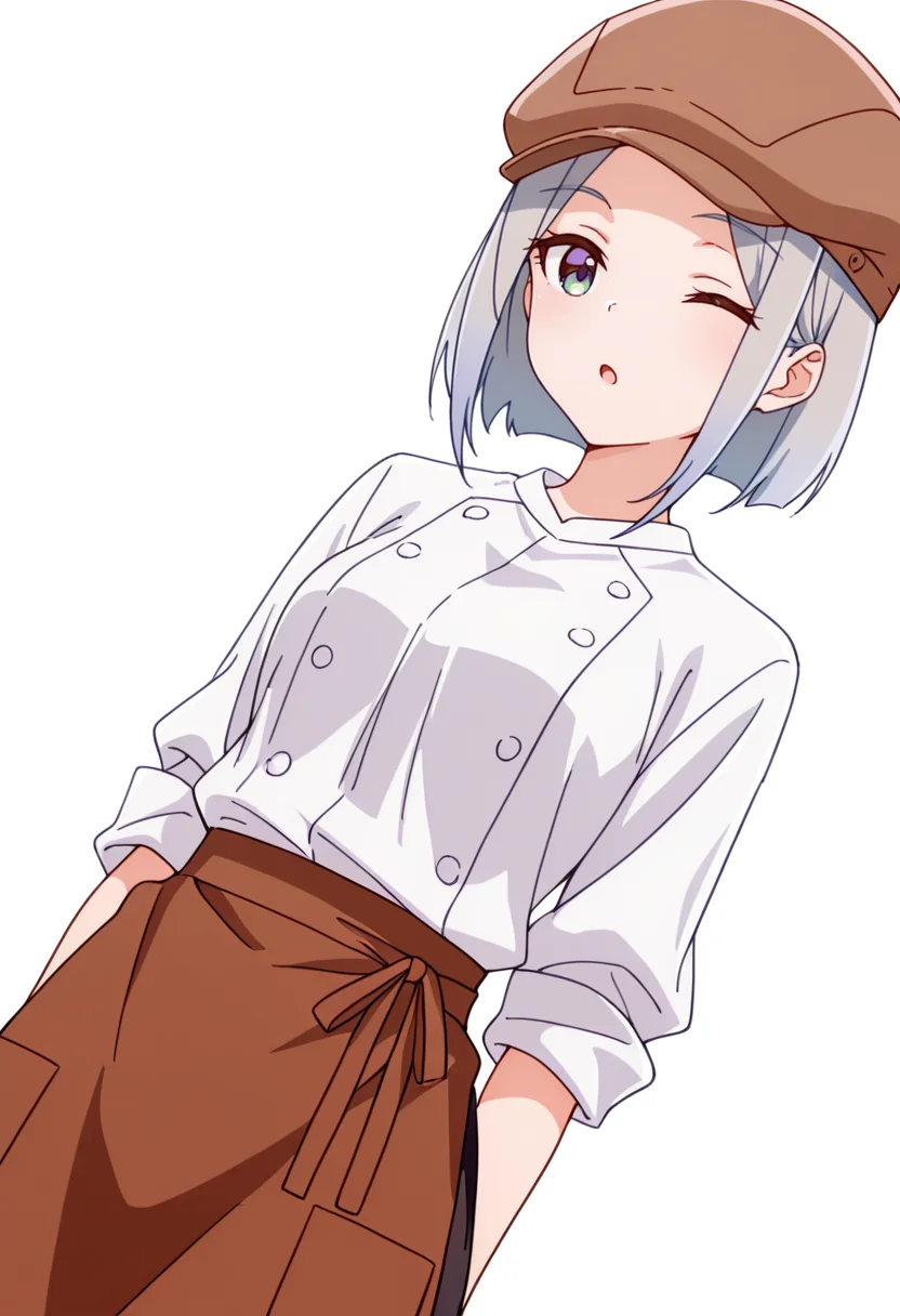 masterpiece,high quality details,absurdres, 
 <lora:Nishidera_Nene:0.8>
nene_cnr, 1girl, grey hair, short hair, 
nene_s2,cabbie hat, white shirt,brown waist apron, brown skirt,sleeves rolled up,black pants, buttons,, simple background, white background, dutch angle,solo,, ;o,
