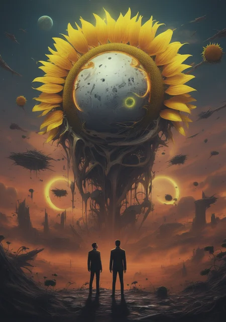 <lora:snfw3rXL-000004:1> a man standing in front a snfw3r planet collapsing