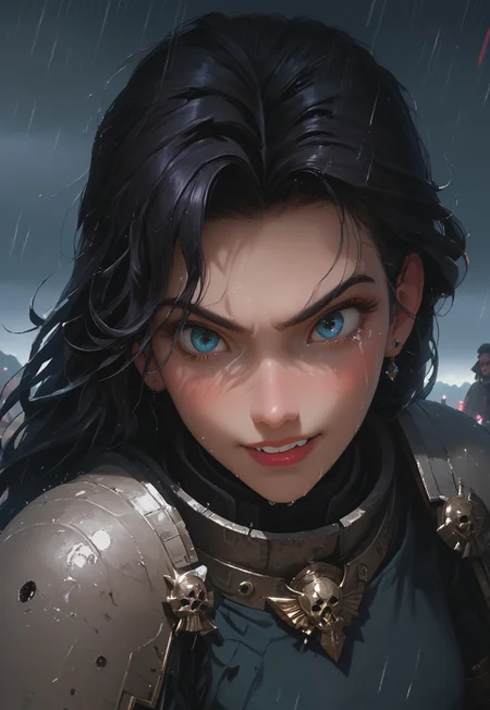 1girl, solo, 24 year old woman, large build, kneeling:1.4, beautiful, long hair, dark purple hair, freckles:1.4, face uplifted:1.6, looking up, looking at the sky, earrings, fierce grin:1.5, crying:1.5, teeth clenched:1.4, angry smile:1.5, wide hips, knight armor:1.5, heavy armor, gauntlets, greaves, bright blue eyes, arms at her sides, rain falling on her face:1.5, tan skin, on knees, tears on chin, tears on cheeks,
dusk, after battle, muddy field, some grass, fallen soldiers around her:1.4, storming, dark gray sky, dark sky:1.4, streaming banners, battlefield, intense rain:1.3, dreary, raining, overcast, mountains and hills in the background,
score_9, score_8_up, score_8, masterpiece, best quality, official art, extremely detailed, CG unity 8k wallpaper, absurdres, high definition, photorealism:1.5, detailed shading, high contrast, ambient occlusion, vivid colors:1.5, saturated colors:1.6,
downward angle:1.3, cowboy shot, cinematic, from above:1.3,
expressiveh, whites40k, tears,