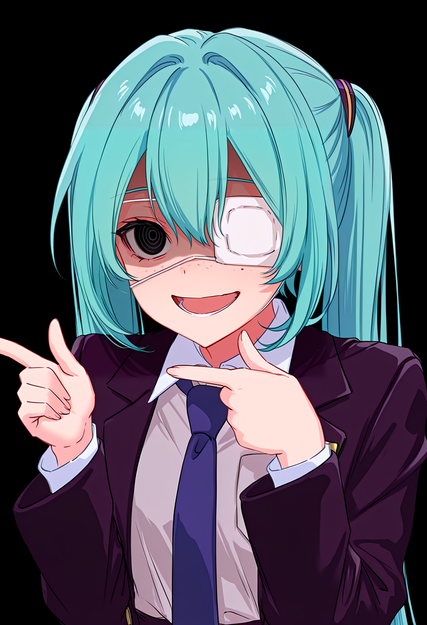 masterpiece, high quality, best quality, 1girl, hmmonitoring, hatsune miku, black eyes, ringed eyes, very long hair, twintails, bangs, hair between eyes, medical eyepatch, freckles, school uniform, collared shirt, necktie, jacket, open jacket, long sleeves, upper body, simple background, black background, finger spin, pointing, open mouth, crazy smile, partially shaded face, dark, <lora:Rikkas_Finger_Spin_-_finger_twirl:1>, <lora:mikumonitoring:0.85>, <lora:DarkerThanDarkV0.8:0.4>