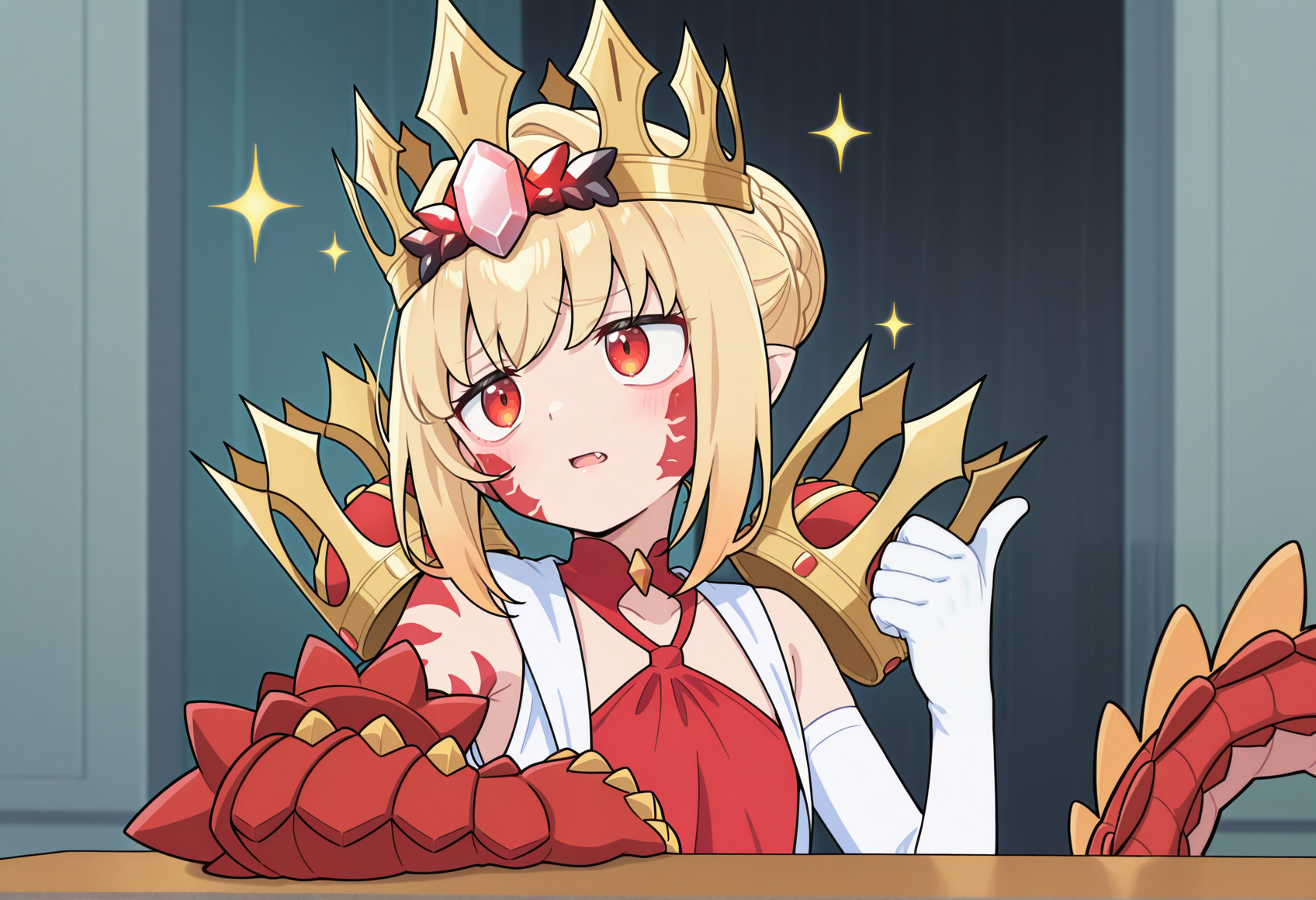 anime screenshot, anime screencap, anime coloring,  look_at_my_tsukasa, parody, sparkles, upper body, thumbs up, table, 1girl, solo, pointy ears, blonde hair, french braid, single hair bun, red eyes, facial mark, body markings, dragon tail, asymmetrical armwear, white gloves, scales, red dress, armored legwear, dragon claw, white vest, pauldrons, crown <lora:Nero_Draco_Illus:0.8><lora:Look_at_my_Tsukasa_medalist_meme:1>, masterpiece, best quality, amazing quality, very aesthetic, absurdres, highres, newest
