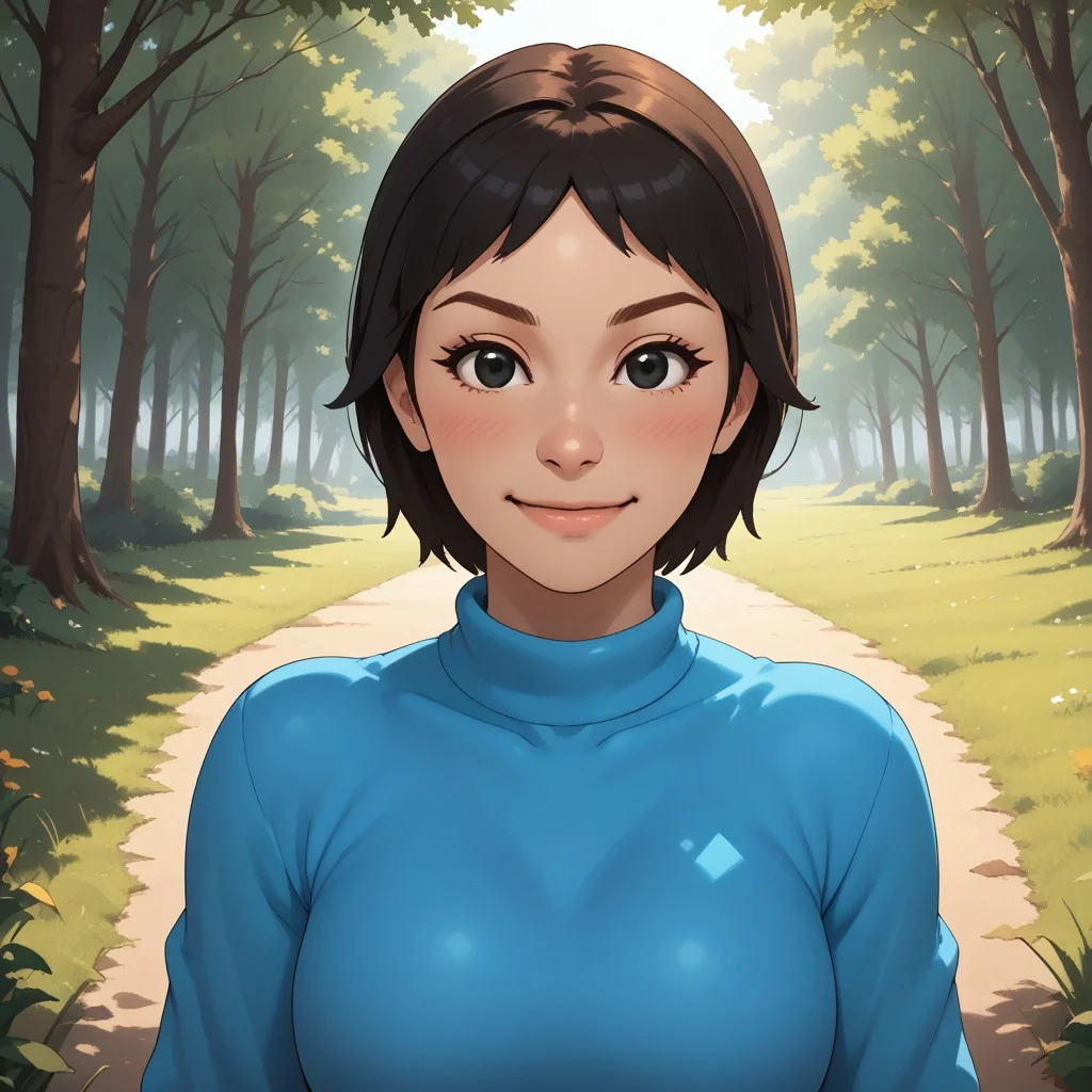 score_9, score_8, BREAK, solo, wii, mii, white skin, black hair, black eyes, dot eyes, brown eyebrows, small nose, blush, smile, cyan clothing, white pants, shoes, breasts, 1girl, female mii, wii sports, cute, Rin_(\Wii_Sports\), Nintendo Mii, modern_mii, classic_mii, sexy pose, self portrait, smile, outdoors, sunlight, shadows, evening lighting, natural lighting, forest, trees, grass, orange sky, sunset