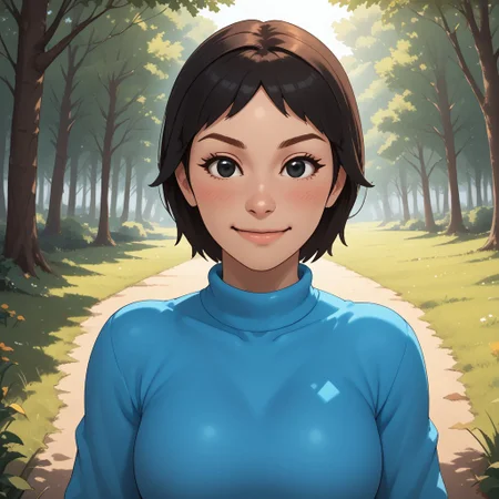 score_9, score_8, BREAK, solo, wii, mii, white skin, black hair, black eyes, dot eyes, brown eyebrows, small nose, blush, smile, cyan clothing, white pants, shoes, breasts, 1girl, female mii, wii sports, cute, Rin_(\Wii_Sports\), Nintendo Mii, modern_mii, classic_mii, sexy pose, self portrait, smile, outdoors, sunlight, shadows, evening lighting, natural lighting, forest, trees, grass, orange sky, sunset