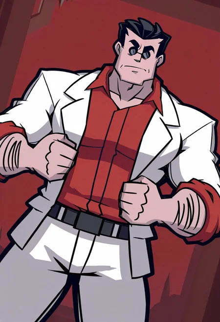 perfect anatomy, perfect proportions, best quality, masterpiece, high_resolution, high quality, best aesthetic, incredibly absurdres, highres, extremely detailed, huge filesize, solo male, adult, mature, masculine, manly, handsome, charming, alluring, seductive pose, bara, standing, upper body, dutch angle, cowboy shot, perfect face, 2d, source_game \(Helltaker\), official style \(Helltaker\), HTHelltaker, Helltaker \(Helltaker\), black hair, short hair, slicked back, sunglasses, Helltaker_outfit01, red collared shirt, white suit jacket, open jacket sleeves rolled up, red boutonniere flower, white pants, low angle, from below, serious, fighting stance, buff man,
muscular man, stabbed, kinfe