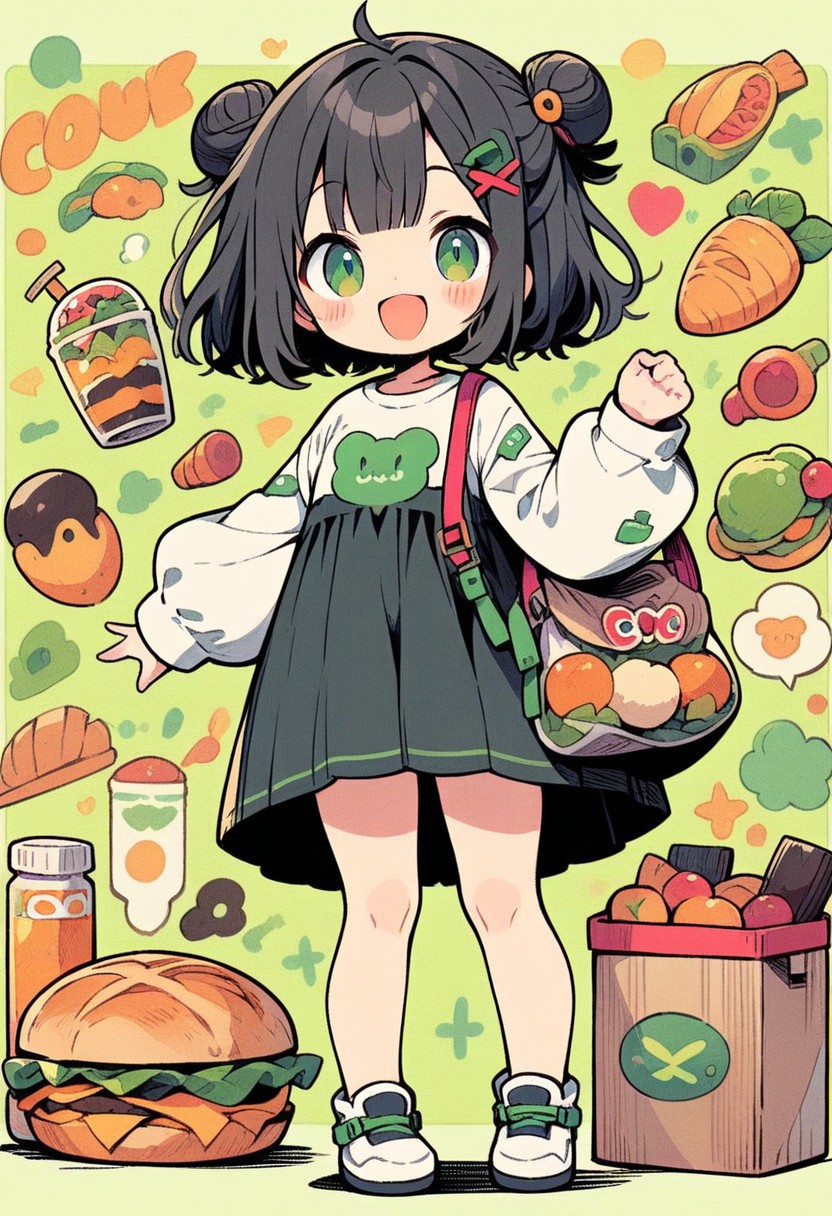 ((masterpiece, best quality, illustration)), cute doodle, 1girl, solo, looking at viewer, blush, smile, bangs, shirt, black hair, hair ornament, long sleeves, dress, closed mouth, green eyes, standing, white shirt, food, shoes, hairclip, puffy sleeves, blunt bangs, bag, hair bun, black dress, blush stickers, standing on one leg, x hair ornament, puffy long sleeves, green background
