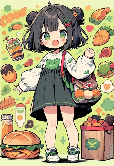 ((masterpiece, best quality, illustration)), cute doodle, 1girl, solo, looking at viewer, blush, smile, bangs, shirt, black hair, hair ornament, long sleeves, dress, closed mouth, green eyes, standing, white shirt, food, shoes, hairclip, puffy sleeves, blunt bangs, bag, hair bun, black dress, blush stickers, standing on one leg, x hair ornament, puffy long sleeves, green background