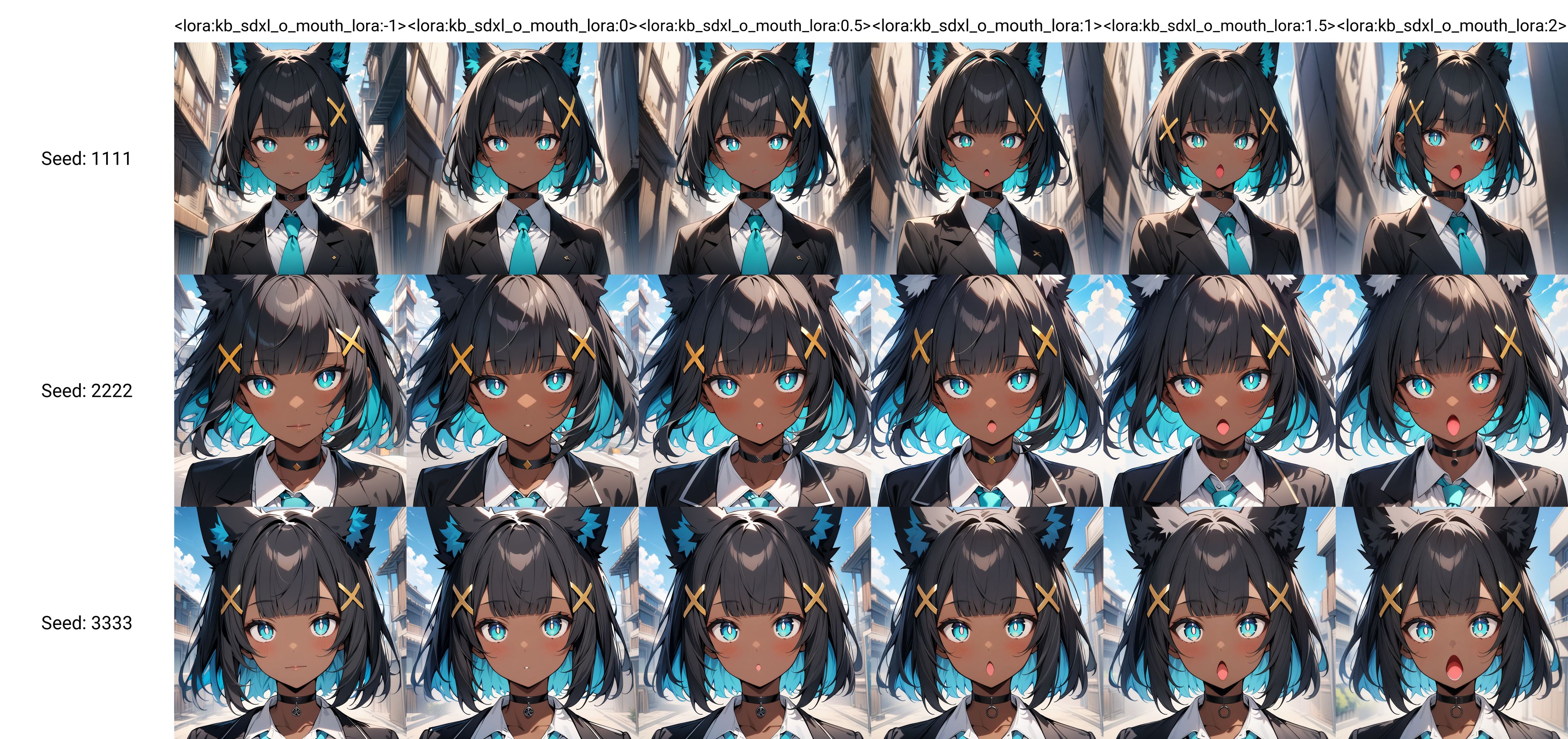 masterpiece,best quality,1girl,dark skin,dark-skinned female,black hair,bangs,blunt bangs,blue inner hair,short hair,yellow x hair ornament,fox ears,white pompom in ears,aqua eyes,white pupils,bright pupils,black choker,(black blazer:1.1),white shirt,aqua tie,sky,detailed background,face focus,<lora:kb_sdxl_o_mouth_lora:-1>,