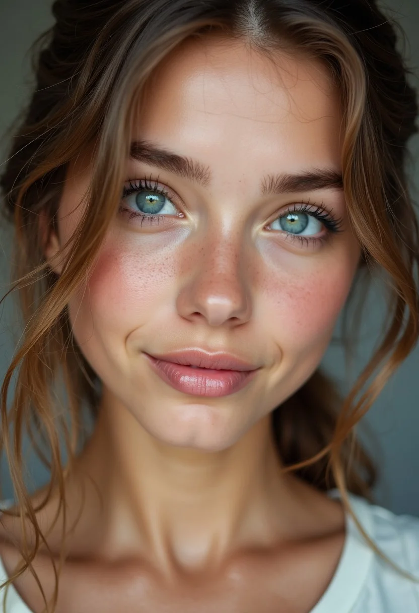 A stunning teenage girl with flawless model-like facial features, flawless light pale skin, and large captivating eyes
