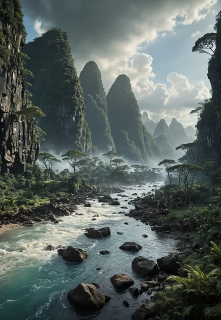 highly detailed and hyper realistic photo, by martin parr, Dan Hecho , a breathtaking otherworldly landscape panorama from the avatar movie , limited dark palette, monochrome, faded, atmospheric haze, highly dramatic cinematic lighting, motion blur, film grain, professional, excellent composition, finest details, maximized details, ultimate detail level, masterpiece, best quality, ISO 300, 1/250s, F/2,8, 38 mm, extremely high quality RAW photograph, 4k, sharp focus, high resolution, 8k UHD, DSLR, high quality, film grain, Fujifilm XT3