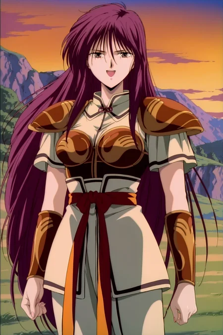 anime screencap, anime coloring, detailed face, masterpiece, best quality, absurdres, official style, amazing quality highres, amazing quality, scenery, beautiful detailed hair, beautiful detailed eyes, defined fingers, five fingers,
anime coloring, anime screencap, detailed face,
<lora:Soi_Fushigi_Yuugi:1>
retro artstyle,1990s (style),
Soi battle outfit, Soi (character), 1girl, solo, long hair, hair down armor, breastplate, looking at viewer, brown eyes, magenta hair, smile, :D, open mouth, cowboy shot,
outdoors, landscape, evening, sunset,