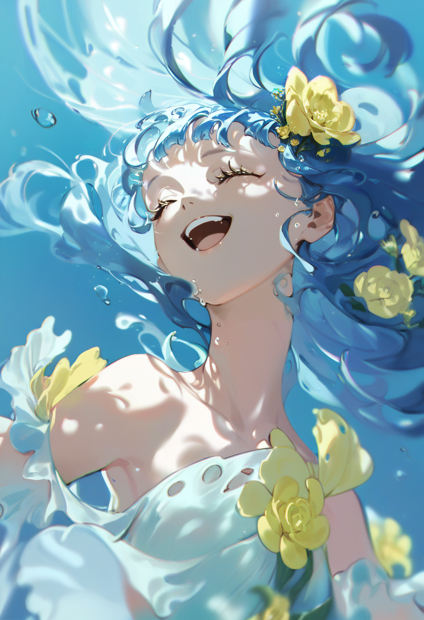 score_9, score_8_up, score_7_up, score_6_up, <lora:DPOXL:1> <lora:yoneyamaiXL_JS2_lokr_V12:1> 1girl, solo, closed eyes, open mouth, flower, smile, long hair, blue background, floating hair, upper body, blue hair, underwater, liquid hair, yellow flower, bare shoulders, bangs