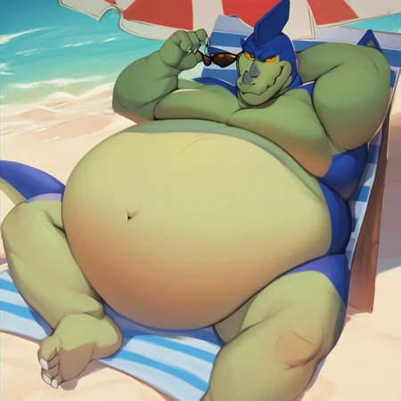 score_9, score_8_up, score_7_up, score_6_up, score_5_up, score_4_up, giran, dragon, fat, obese, horn, orange eyes, green and blue body, outside, beach background, beach scenery, water, relaxing, laying down, looking at viewer, sunglasses, barefoot,