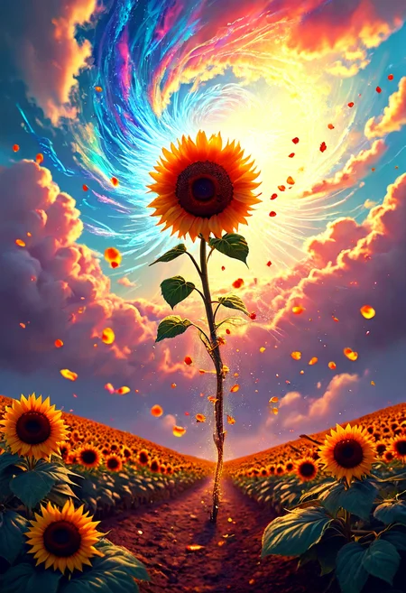 masterpiece, realistic, a sunflower with petals made of shimmering glass, swirling colorful clouds in the sky, dreamlike landscape <lora:MJ52_v2.0:1><lora:Flux-style-xl-lora:1>