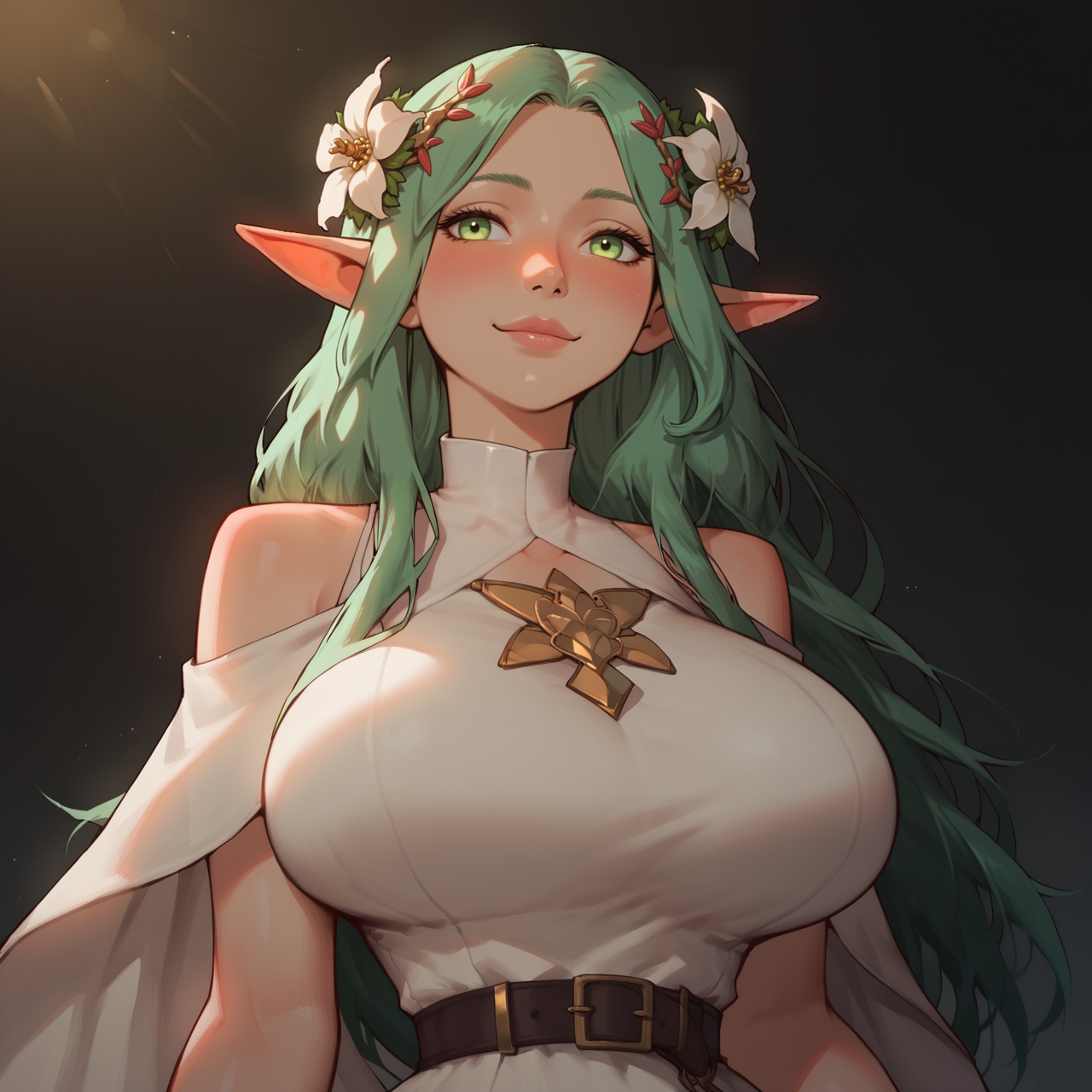 rhea \(fire emblem\), 1girl, solo, long hair, breasts, blush, smile, large breasts, hair ornament, dress, closed mouth, bare shoulders, green eyes, upper body, flower, green hair, pointy ears, belt, hair flower, white dress, parted bangs, looking to the side, lips, clothing cutout, white flower, black background, elf, buckle, patreon username, black belt, belt buckle, pink lips, nose, 