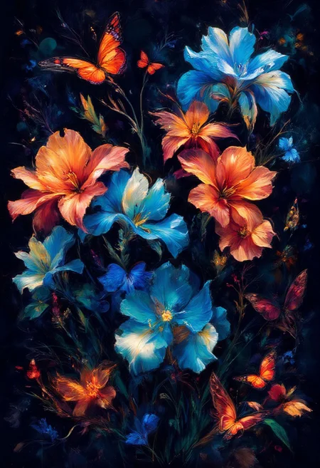 vibrant orange and blue Irises flowers and glowing red butterflies against a pitch-black background Painterly, surreal, vibrant glow, bokeh, 16k,