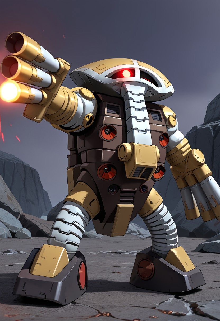 score_9, score_8_up, score_7_up, source_anime, side view, BREAK, ( juaggu, red monoeye, glowing monoeye, monoeye glowing, looking at viewer, combat pose, one arm raised, one set of finger cannons raised and pointing to the side, finger cannons glowing, extended nose, ) 1mech, mech focus, solo, BREAK, rocky ground, black ground, grey sky,
