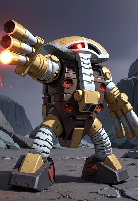 score_9, score_8_up, score_7_up, source_anime, side view, BREAK, ( juaggu, red monoeye, glowing monoeye, monoeye glowing, looking at viewer, combat pose, one arm raised, one set of finger cannons raised and pointing to the side, finger cannons glowing, extended nose, ) 1mech, mech focus, solo, BREAK, rocky ground, black ground, grey sky,
