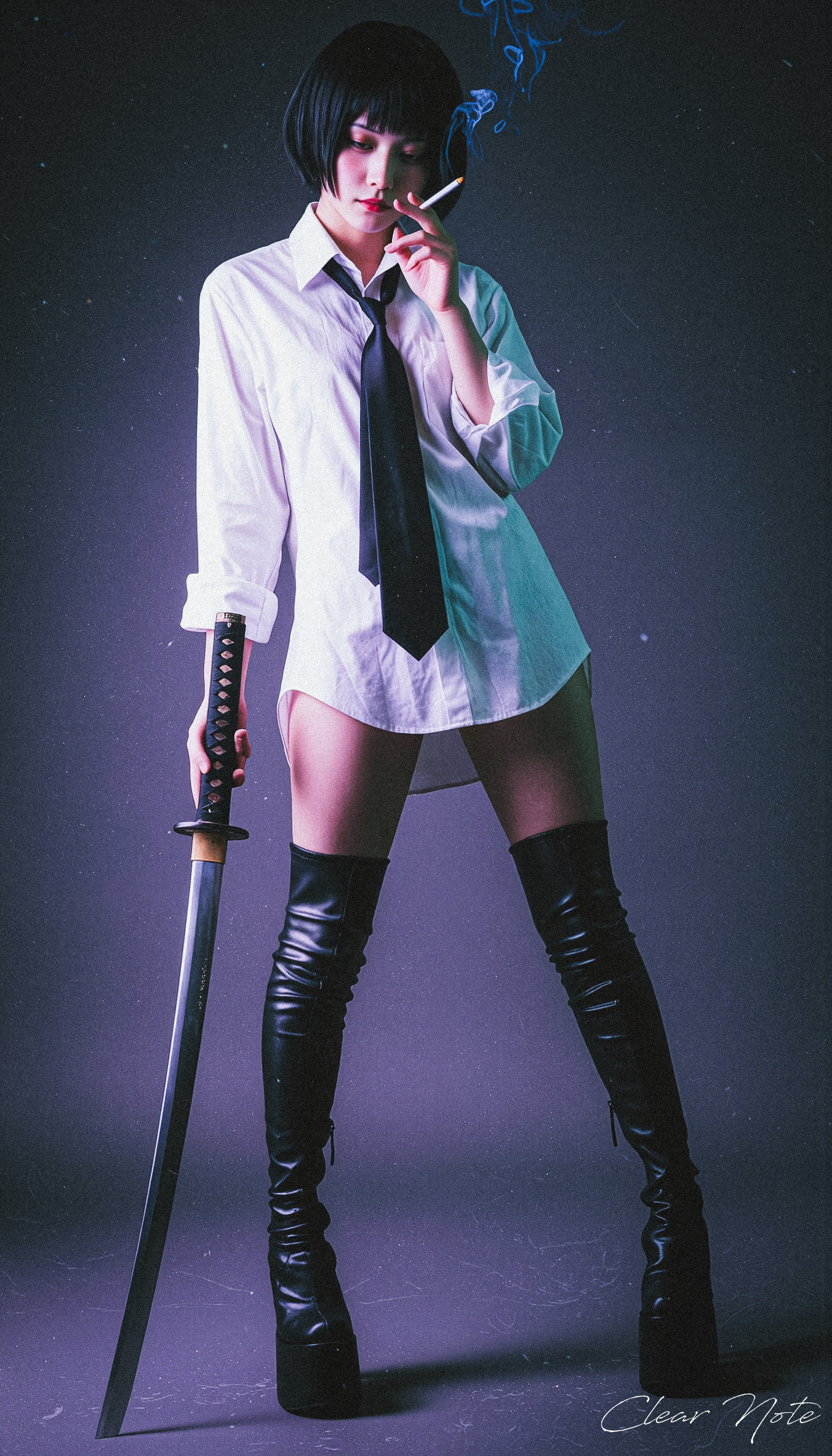 Japanese Culture Style, Neo Photorealistic Art, Emotional Photos, 35mm film, Young Japanese Woman, Black short hair, Platform thigh boots, white shirt, black tie, Stockings, Standing, A Japanese sword is stuck into the ground, smoking, simple background
