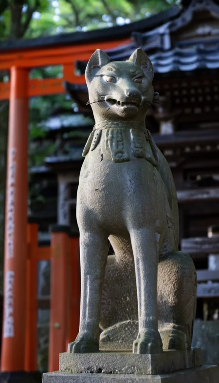 Stone statue of a fox,japanese shinto Shrine,blurry background<lora:Komainu:1>