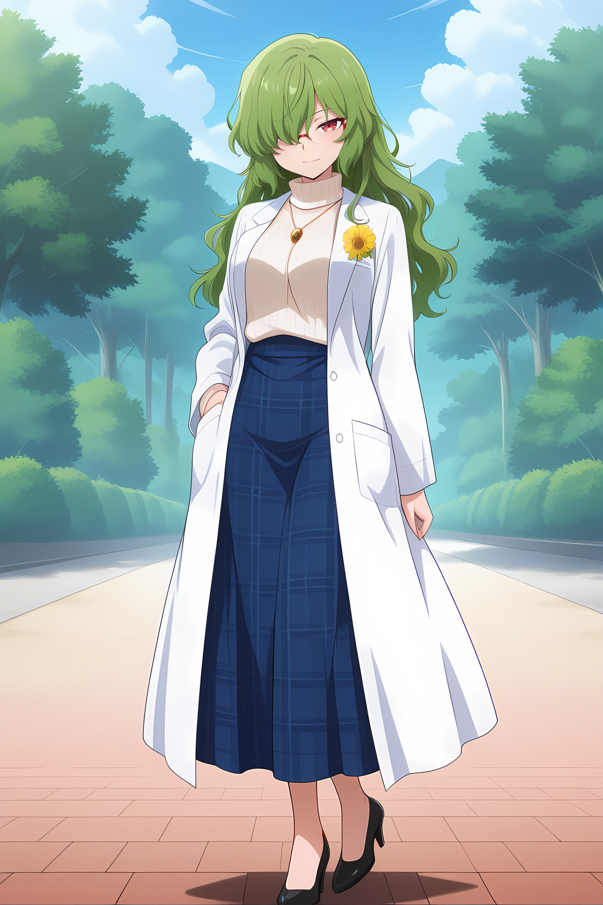 absurdres, highres, masterpiece, best quality, amazing quality, official anime artwork, screencap, anime screencap, outdoors, looking at viewer, light smile, dynamic pose,
 <lora:Yuuka-Kazami_Illustrious:1> kazami yuuka, 1girl, solo, red eyes, green hair,, kazami yuuka \(cell-fused kaiju\), alternate costume, alternate hairstyle, blue skirt, long skirt, plaid skirt, flower pin, hair over one eye, wavy hair, long hair, glasses, high heels, jewelry, lab coat,  pendant, plaid clothes, sweater, turtleneck, white sweater, hand in pocket