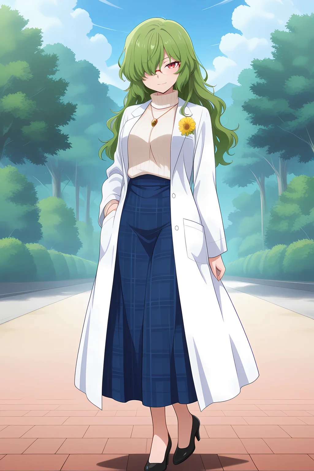 absurdres, highres, masterpiece, best quality, amazing quality, official anime artwork, screencap, anime screencap, outdoors, looking at viewer, light smile, dynamic pose,
<lora:Yuuka-Kazami_Illustrious:1> kazami yuuka, 1girl, solo, red eyes, green hair,, kazami yuuka \(cell-fused kaiju\), alternate costume, alternate hairstyle, blue skirt, long skirt, plaid skirt, flower pin, hair over one eye, wavy hair, long hair, glasses, high heels, jewelry, lab coat, pendant, plaid clothes, sweater, turtleneck, white sweater, hand in pocket