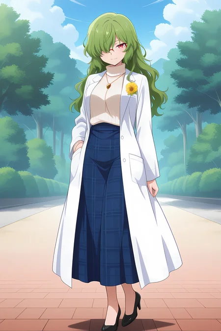 absurdres, highres, masterpiece, best quality, amazing quality, official anime artwork, screencap, anime screencap, outdoors, looking at viewer, light smile, dynamic pose,
 <lora:Yuuka-Kazami_Illustrious:1> kazami yuuka, 1girl, solo, red eyes, green hair,, kazami yuuka \(cell-fused kaiju\), alternate costume, alternate hairstyle, blue skirt, long skirt, plaid skirt, flower pin, hair over one eye, wavy hair, long hair, glasses, high heels, jewelry, lab coat,  pendant, plaid clothes, sweater, turtleneck, white sweater, hand in pocket