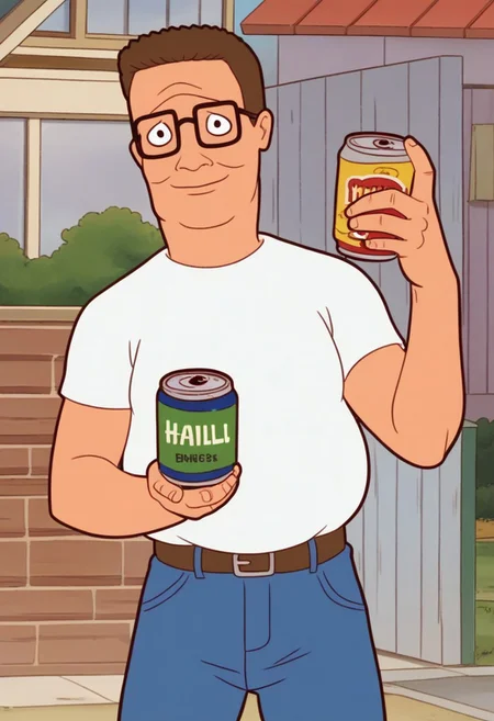 score_9, score_7_up BREAK male focus, hankhillpd, mature male, glasses, brown hair, white t-shirt, jeans, belt, holding can, outdoors, black eyes, light smile, looking at viewer <lora:hankhill_pd:0.8>