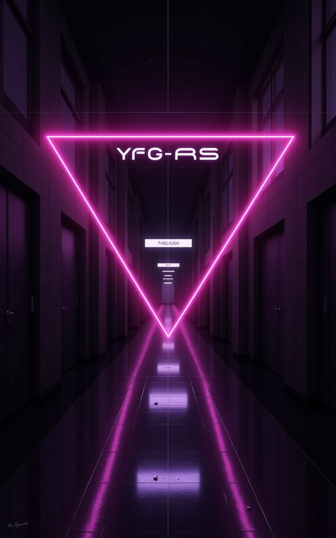 YFG-SRS, rbcharc0al, A dimly lit hallway with neon signs and a neon triangle