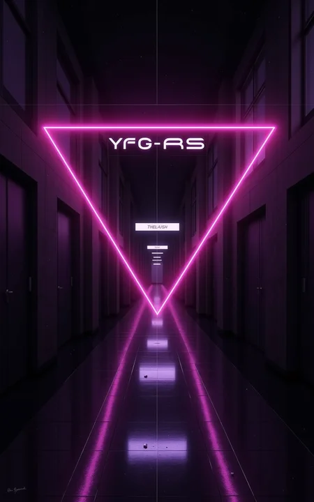 YFG-SRS, rbcharc0al, A dimly lit hallway with neon signs and a neon triangle