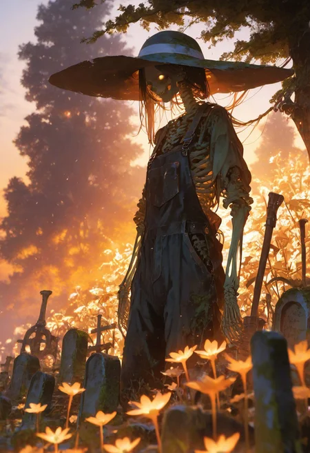 masterpiece, best quality, ultra-HD, absurdres, peaceful graveyard with glowing flowers growing from moss-covered tombstones, skeleton in patched overalls and a sunhat gently watering blossoms, (blurry foreground:1.2), warm sunset light, tiny glowing bees drifting lazily between petals, afterlife as calm routine