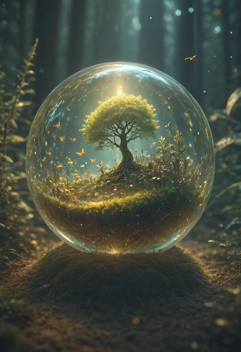 photography,(vibrant colors:0.8),
a fantastic landscape at night covered in magical plantlife, everthing contained in a glass sphere sitting on a desk, desk, small bright fairies, bright butterflies, bioluminescent trees,
(quantum waveform:0.7)