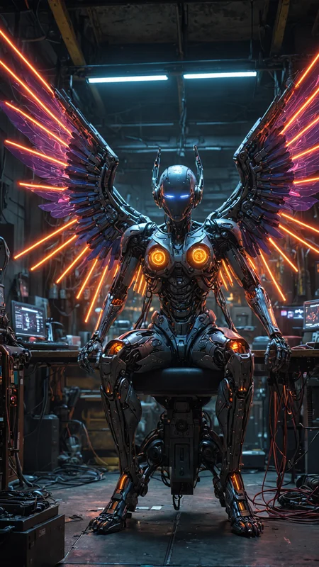 (masterpiece, best quality, intricate, detailed, ornate, vibrant colors), indoors, (factory), machinery, neon, CyberAngel, sitting, (mechanical parts), mechanical limbs, (mechanical wings), cybernetic augmentations, probes, cables, wires, biopunk, cyberpunk, technology, UHD