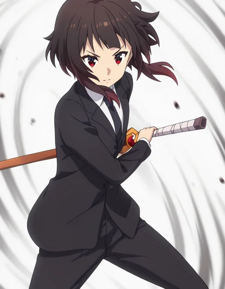 masterpiece, best quality, newest, absurdres, highres, safe,, <lora:konosuba-megumin-s2-ponyxl-lora-nochekaiser:1>, megumin, short hair, black hair, red eyes, short hair with long locks, mature female, small breasts, anime screencap, <lora:battoujutsu-stance-illustriousxl-lora-nochekaiser:1>, battoujutsu stance, looking at viewer, holding, weapon, sword, holding weapon, holding sword, standing, katana, sheath, sheathed, fighting stance, ready to draw, shirt, long sleeves, jacket, white shirt, necktie, collared shirt, pants, black jacket, floating hair, black pants, formal, suit, black necktie, black suit, pant suit,, ,